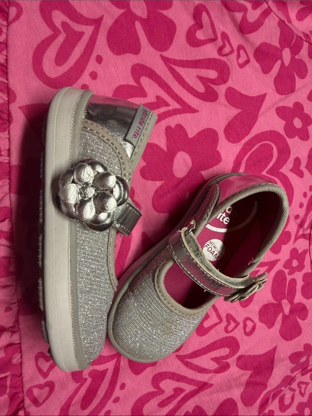 Stride Rite Silver Glitter Mary Jane with Flower Accent
